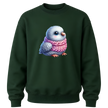 Forest green kids crewneck sweatshirt with adorable bird illustration and cozy pink scarf design.