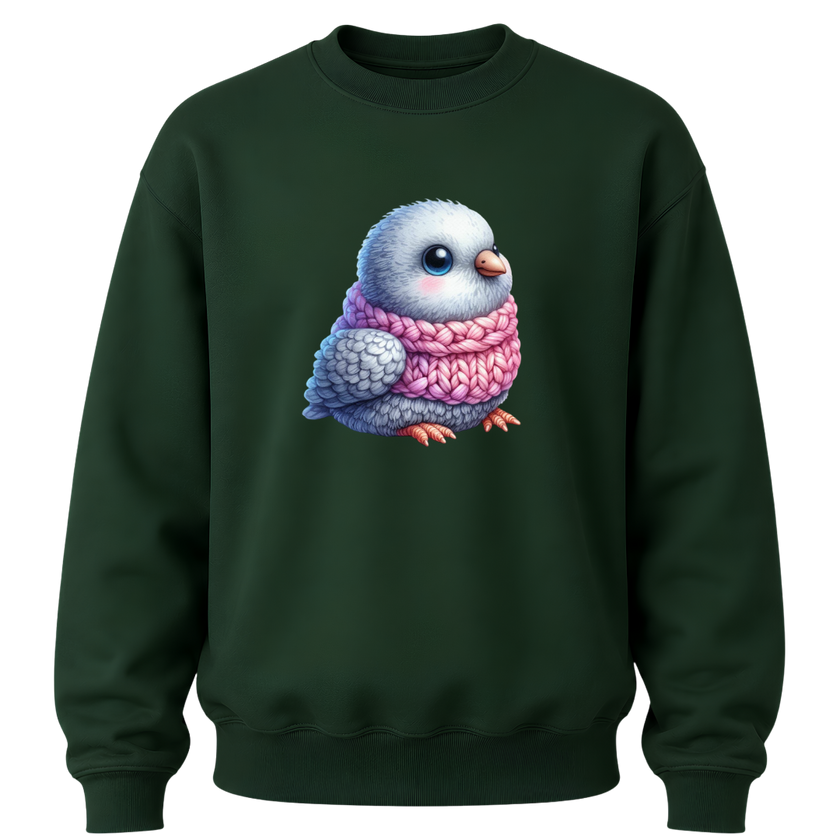 Forest green kids crewneck sweatshirt with adorable bird illustration and cozy pink scarf design.