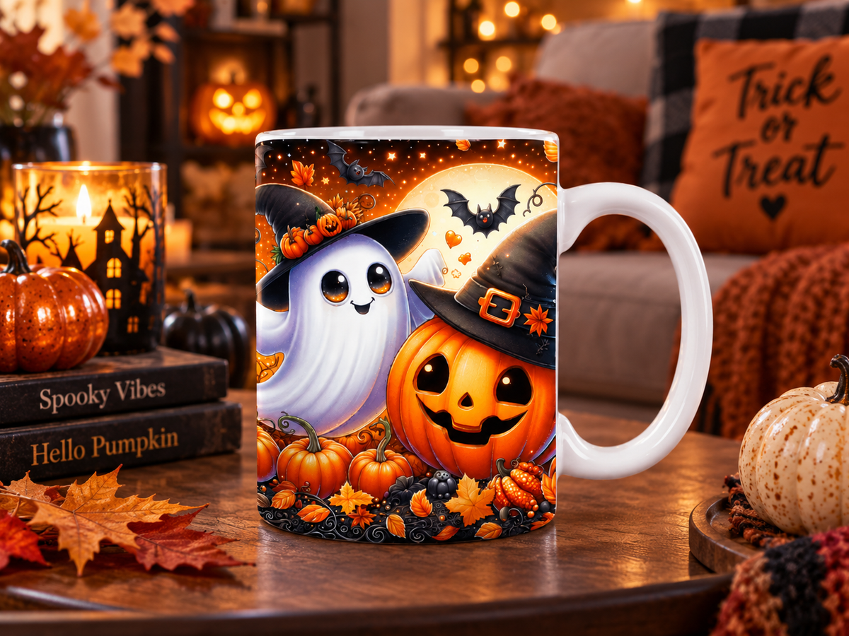 Cute ghost and pumpkin Halloween mug featuring a smiling jack o lantern, witch hat, bats and colourful autumn artwork