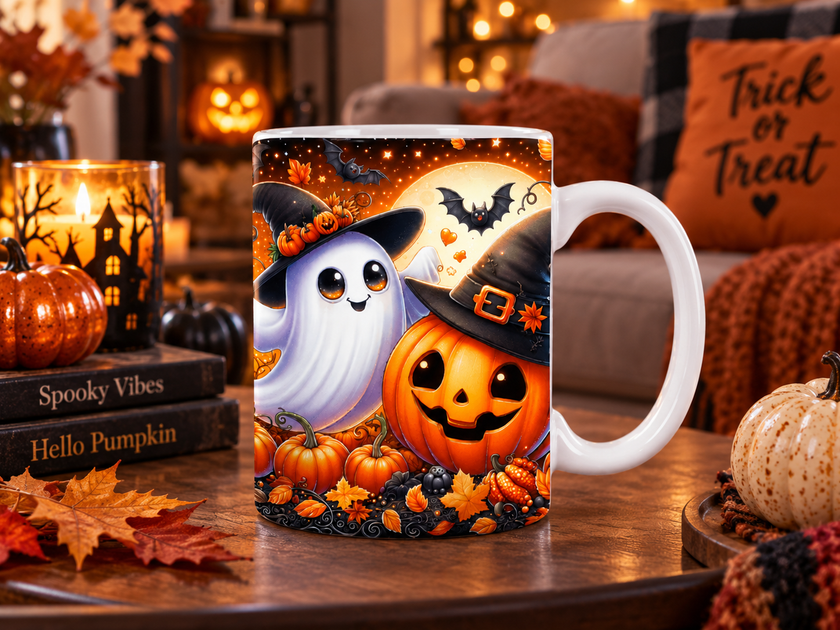 Cute ghost and pumpkin Halloween mug featuring a smiling jack o lantern, witch hat, bats and colourful autumn artwork