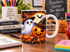 Cute Halloween ceramic mug with ghost, pumpkin, bats and witch hat displayed on a teacher desk as a Halloween gift idea