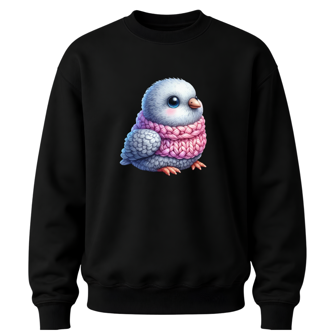Black youth crewneck sweater featuring a cute fluffy winter bird wearing a pink knitted scarf graphic.