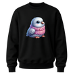 Black youth crewneck sweater featuring a cute fluffy winter bird wearing a pink knitted scarf graphic.