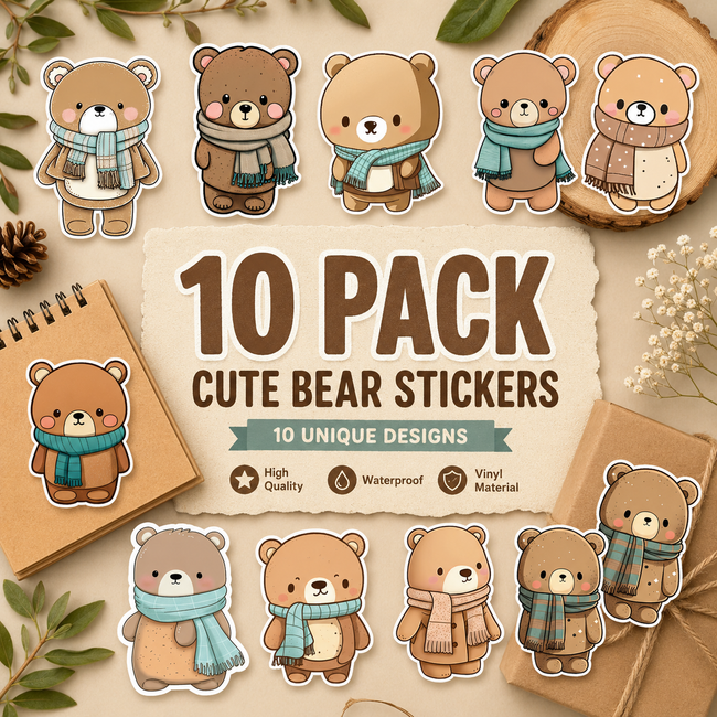 10-pack of cute bear stickers with a wooden background
