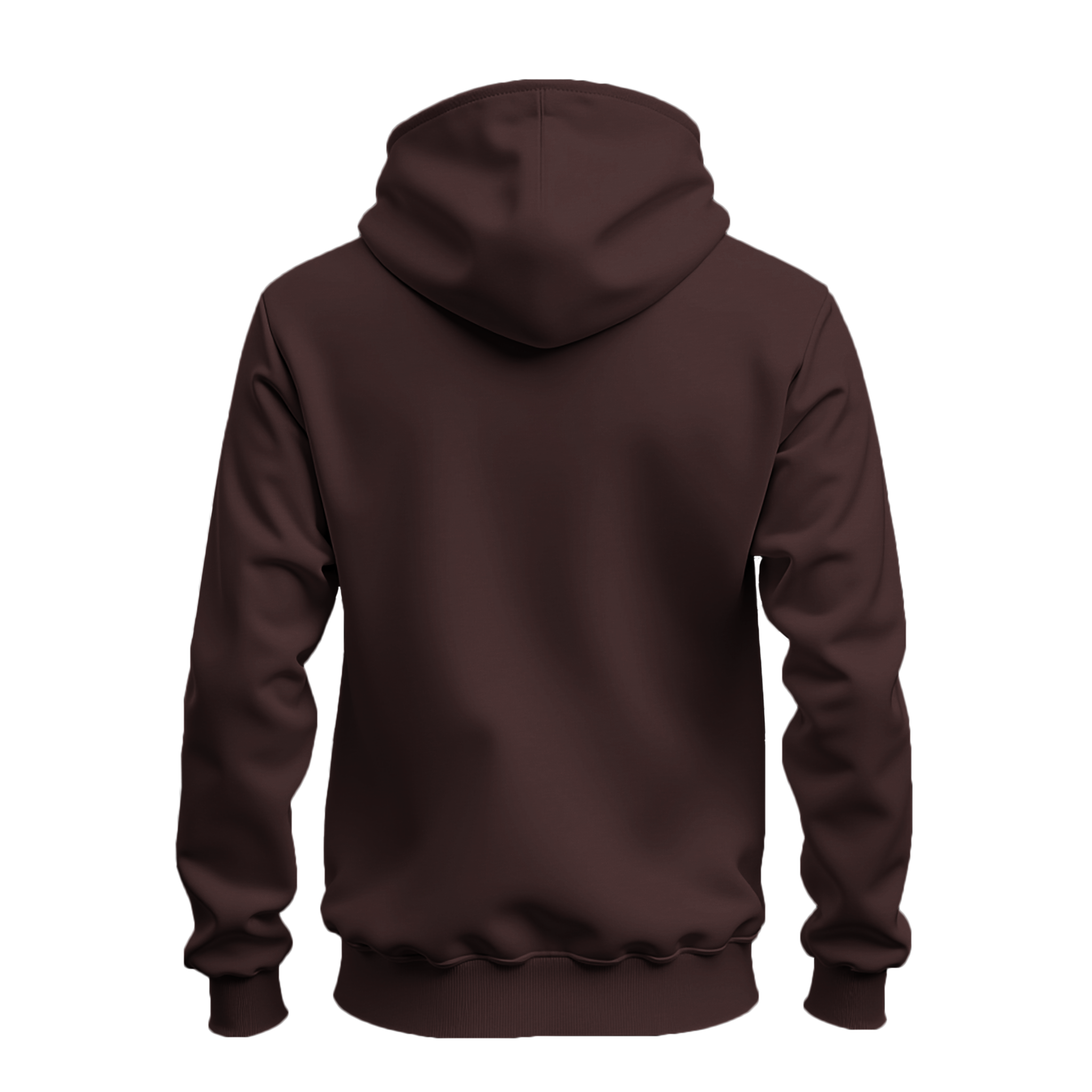 A dark brown pullover hoodie shown from the back, displayed on a clean white background.