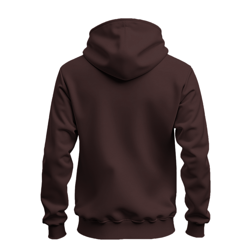A dark brown pullover hoodie shown from the back, displayed on a clean white background.