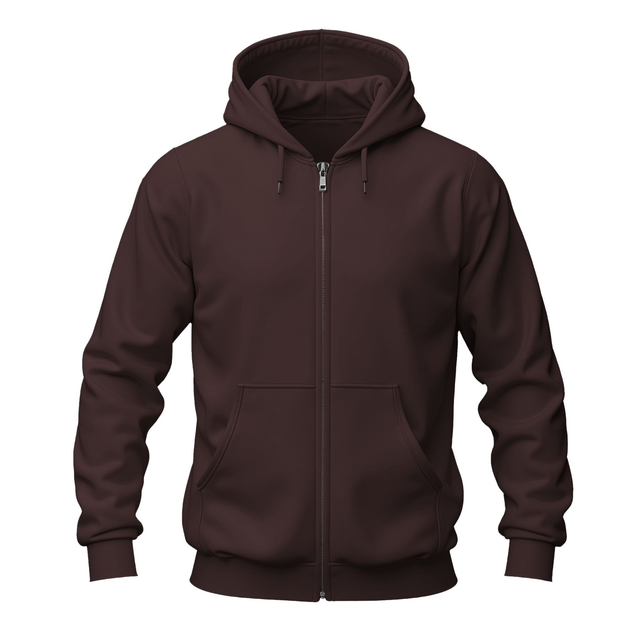A dark brown full-zip hoodie with a drawstring hood and front kangaroo pockets, shown on a plain white background.