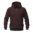 A dark brown full-zip hoodie with a drawstring hood and front kangaroo pockets, shown on a plain white background.