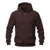 A dark brown full-zip hoodie with a drawstring hood and front kangaroo pockets, shown on a plain white background.
