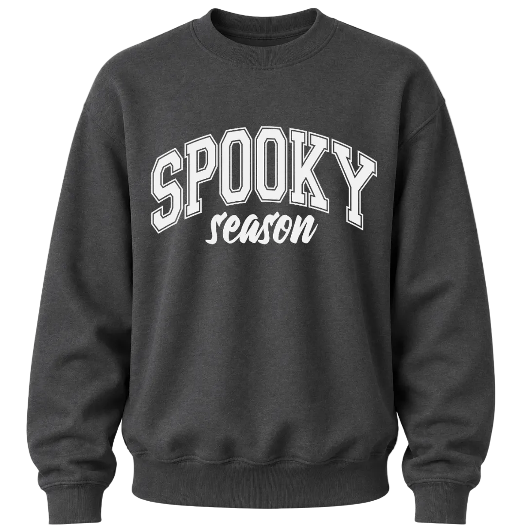 Dark heather Spooky Season Halloween crewneck with contrasting graphic lettering for men and women