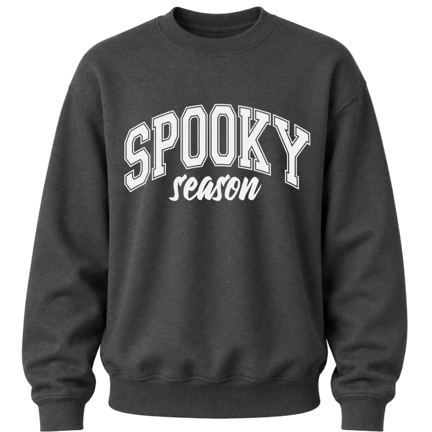 Dark heather Spooky Season Halloween crewneck with contrasting graphic lettering for men and women