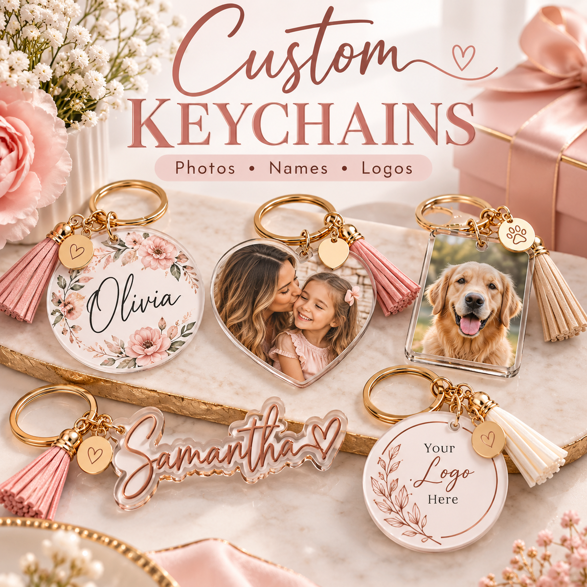 Custom photo keychains displayed on a marble surface with pink roses and a gift box in the background. The keychains include round, heart, and square acrylic designs with gold-tone hardware, pink tassels, and customizable text or pet portraits.