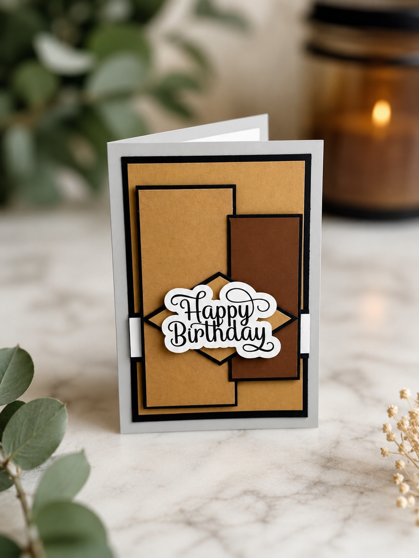 Premium neutral birthday greeting card displayed in a modern setting with dimensional geometric details and a bold black script birthday message.
