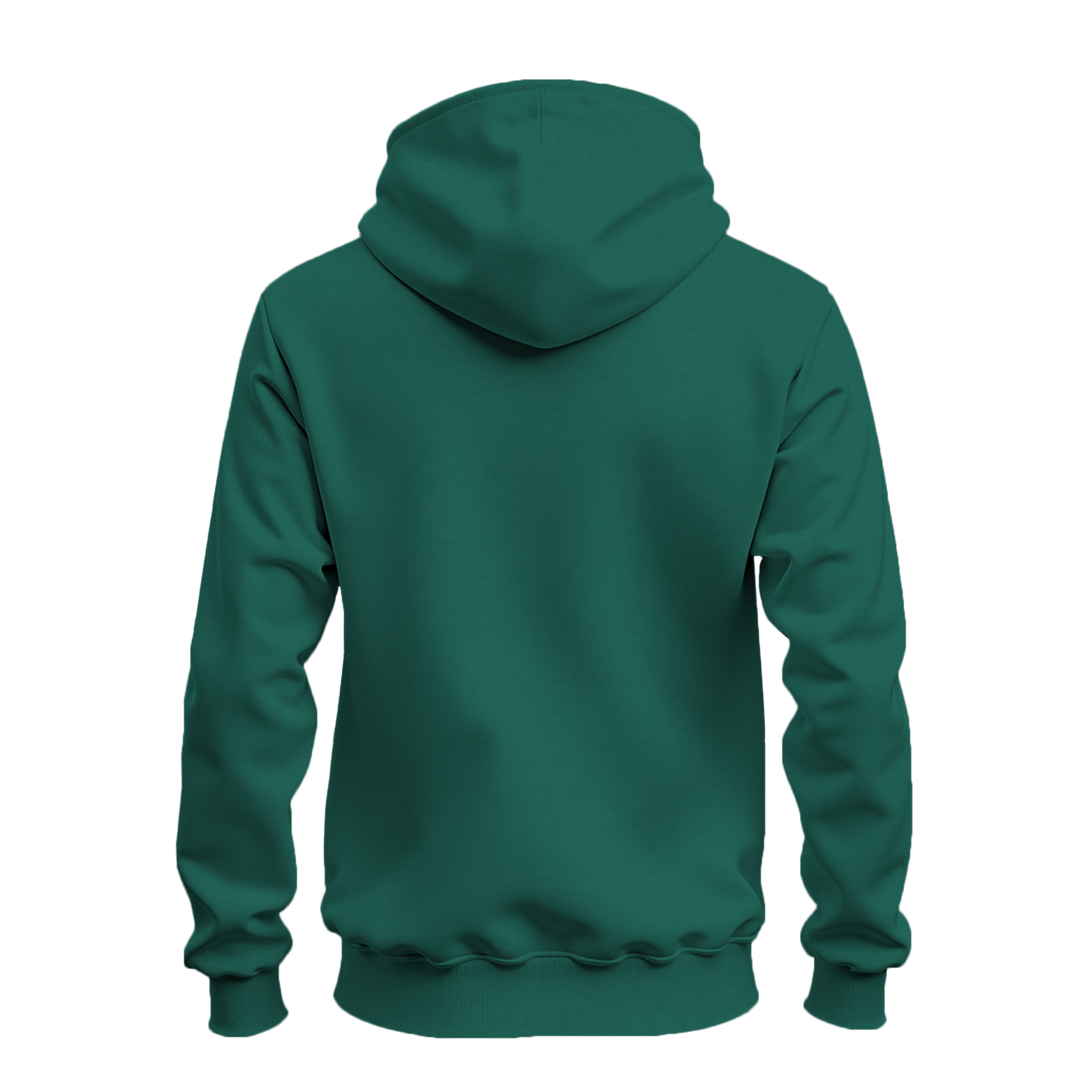 A dark green pullover hoodie shown from the back, displayed on a clean white background.