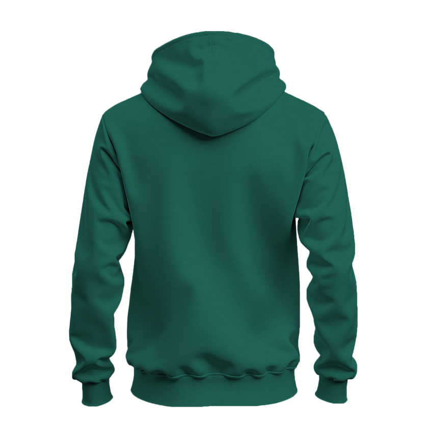 A dark green pullover hoodie shown from the back, displayed on a clean white background.