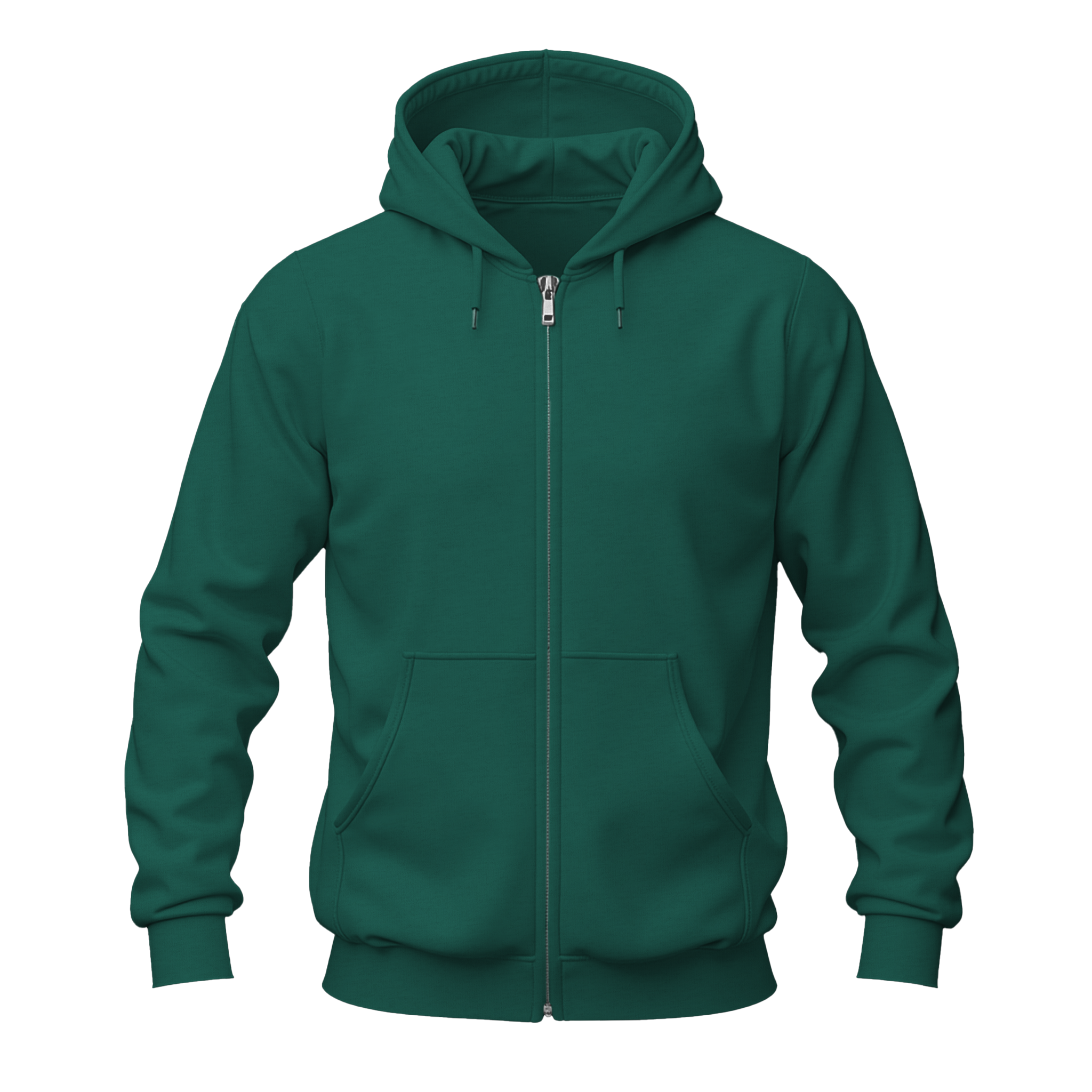 A dark green full-zip hoodie with a drawstring hood and front kangaroo pockets, shown on a plain white background.