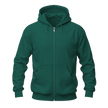 A dark green full-zip hoodie with a drawstring hood and front kangaroo pockets, shown on a plain white background.
