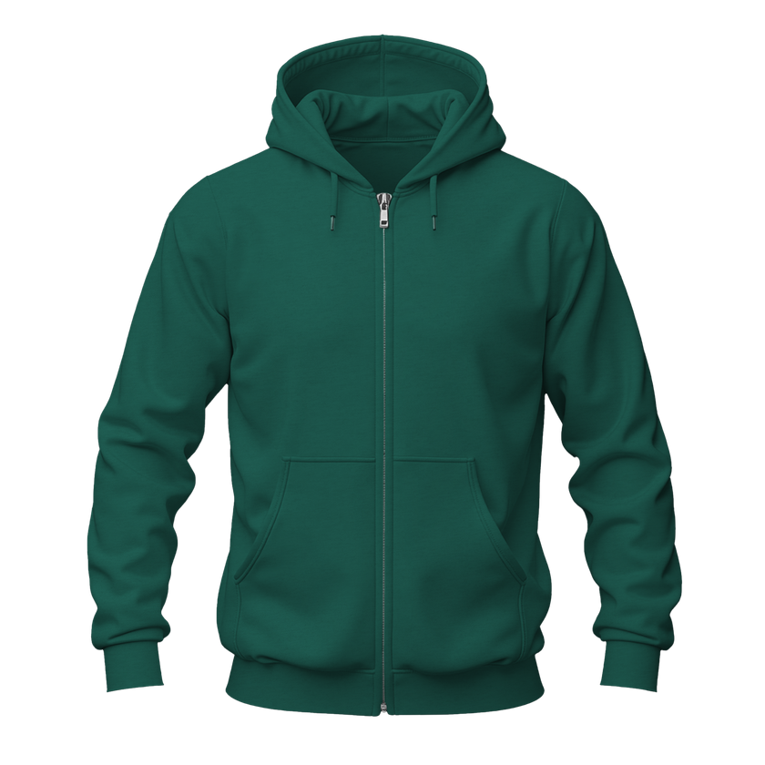 A dark green full-zip hoodie with a drawstring hood and front kangaroo pockets, shown on a plain white background.