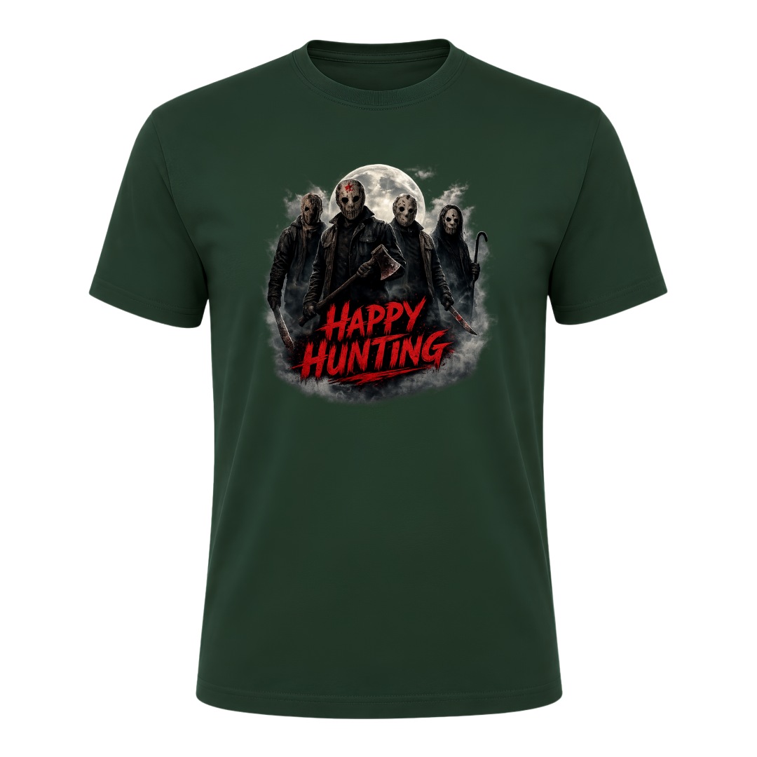 Forest green adult Halloween shirt featuring a dark masked group, glowing moon and distressed Happy Hunting typography.