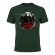 Forest green adult Halloween shirt featuring a dark masked group, glowing moon and distressed Happy Hunting typography.