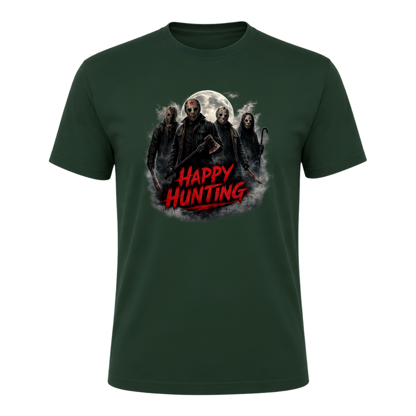 Forest green adult Halloween shirt featuring a dark masked group, glowing moon and distressed Happy Hunting typography.