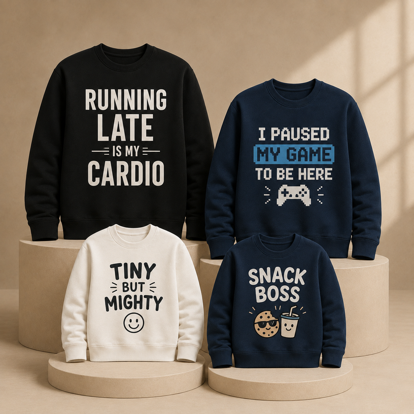 Four graphic crewneck sweatshirts displayed on beige pedestals against a warm beige background. The set includes a black sweatshirt reading 'RUNNING LATE IS MY CARDIO' in white, a navy sweatshirt reading 'I PAUSED MY GAME TO BE HERE' with a blue highlight and white text, a cream sweatshirt reading 'TINY BUT MIGHTY' with black text and a smiley face, and a navy sweatshirt reading 'SNACK BOSS' with a cookie and drink graphic.