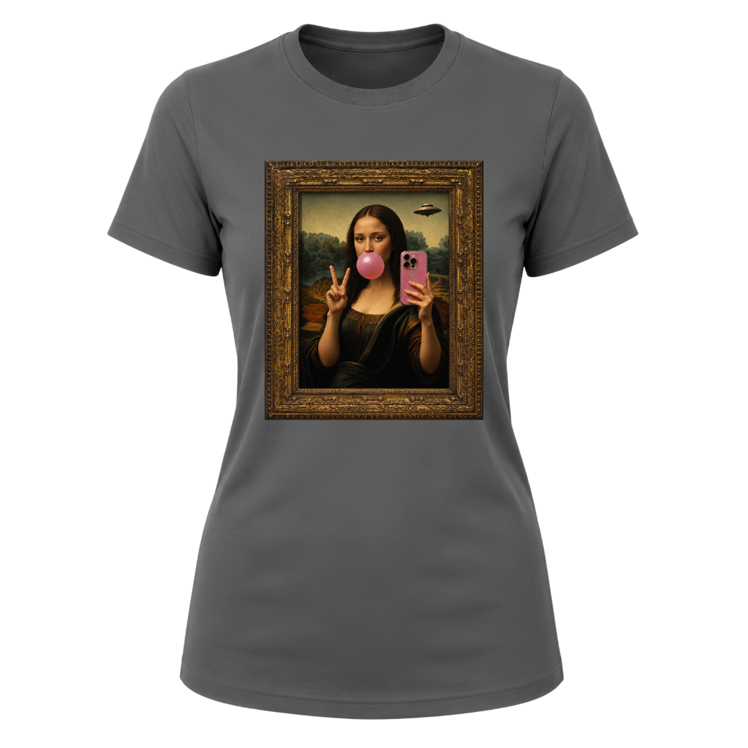 Unique women's graphic tee blending classic artwork with modern social media culture