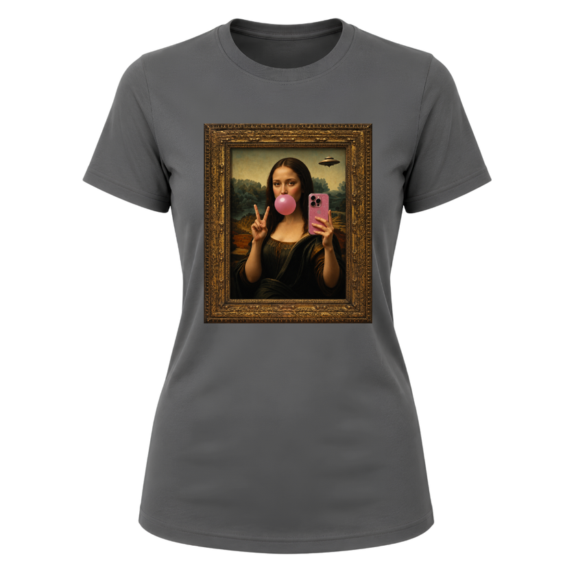 Unique women's graphic tee blending classic artwork with modern social media culture