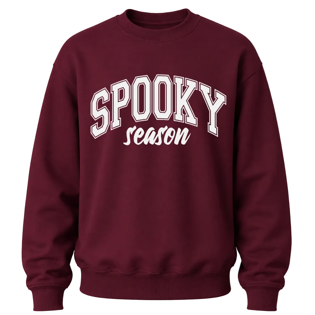 Garnet Spooky Season crewneck sweatshirt featuring white Halloween lettering for pumpkin patch and fall outfits