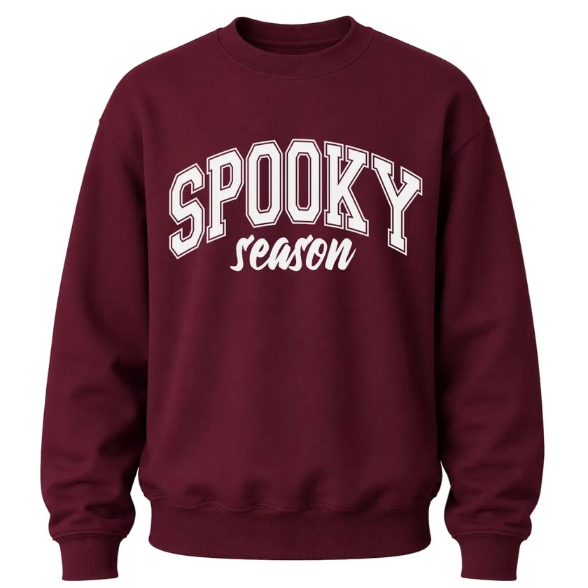 Garnet Spooky Season crewneck sweatshirt featuring white Halloween lettering for pumpkin patch and fall outfits
