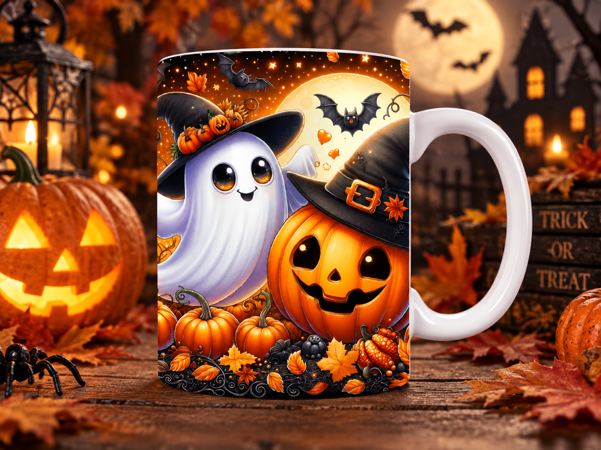A white ceramic mug with a detailed Halloween illustration featuring a smiling ghost in a witch hat next to a jack-o'-lantern wearing a witch hat, set against a spooky autumn background with pumpkins, leaves, and a full moon.