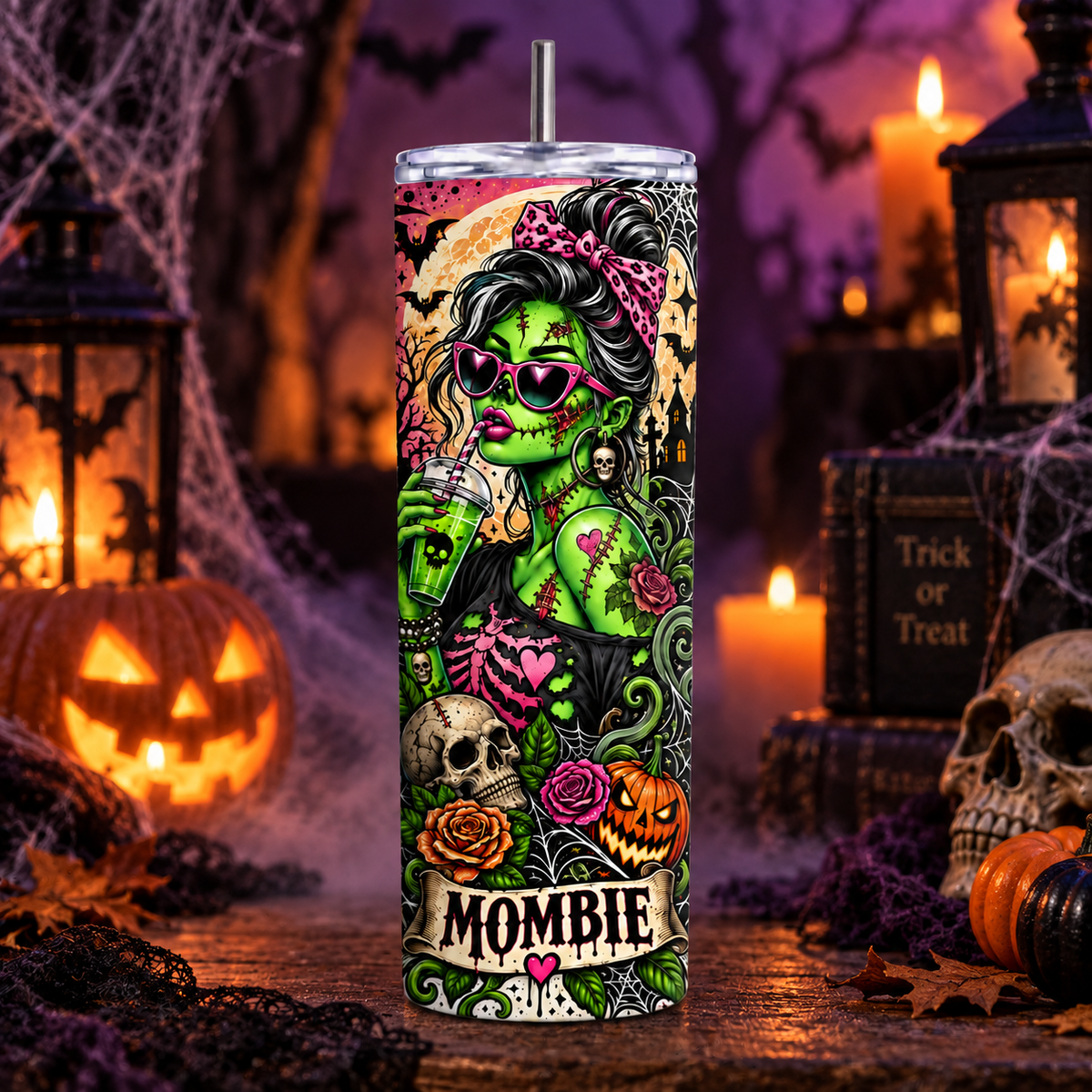 Mombie 20oz or 30oz tumbler with bold pink, green, black and orange gothic Halloween design for moms and spooky season lovers.