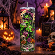Mombie 20oz or 30oz tumbler with bold pink, green, black and orange gothic Halloween design for moms and spooky season lovers.