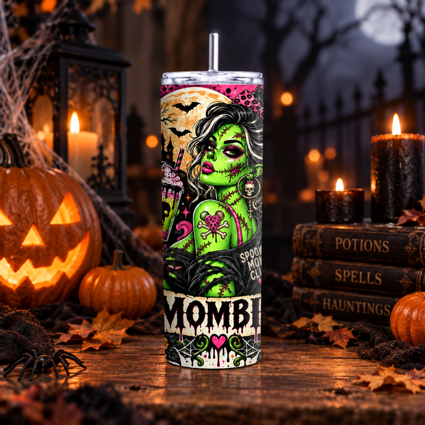 Gothic Mombie tumbler featuring skulls, orange and pink roses, jack o lantern, bats and green spooky mom artwork.