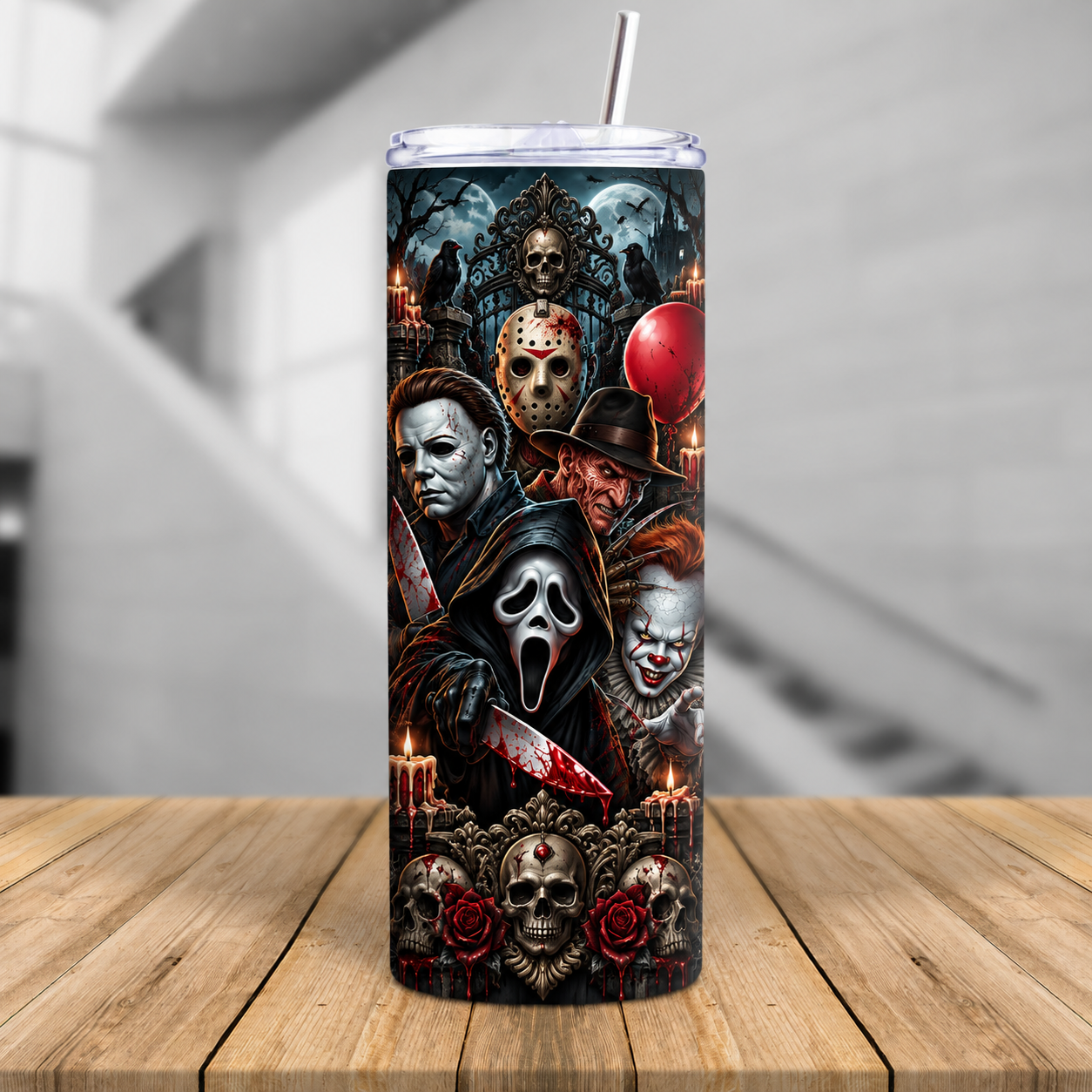 Spooky season tumbler cup with eerie slasher inspired art, skull border, haunted mood, and premium stainless steel finish