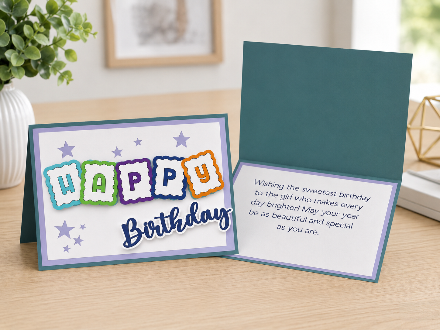 Colorful handmade Happy Birthday greeting card featuring layered cardstock letters, elegant die cut script, premium paper, and heartfelt birthday message.