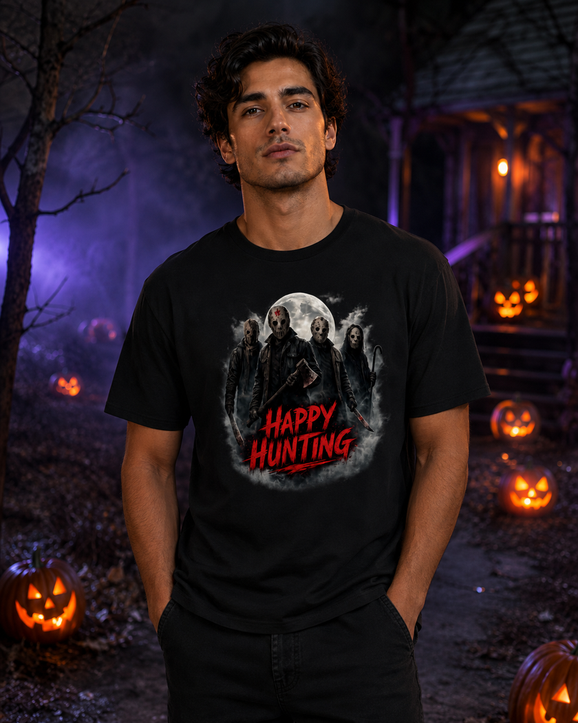 Happy Hunting Adult Halloween T Shirt with Masked Horror Graphic