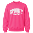 Bright heliconia pink Spooky Season Halloween sweatshirt with white varsity graphic for bold seasonal style