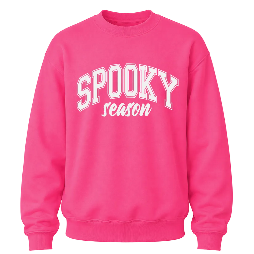 Bright heliconia pink Spooky Season Halloween sweatshirt with white varsity graphic for bold seasonal style