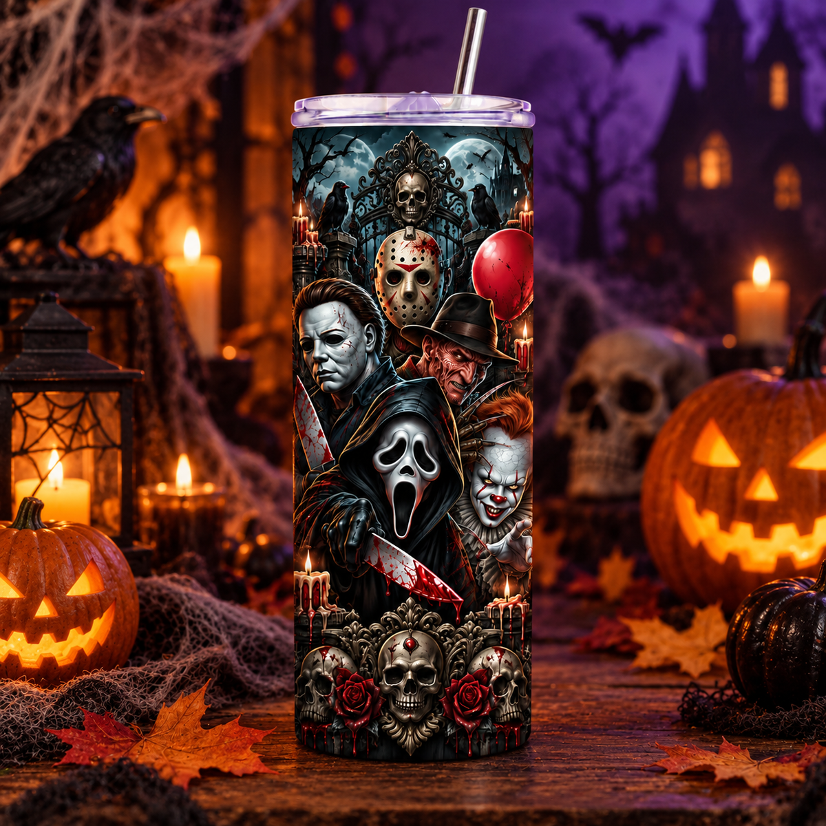 Black horror inspired tumbler cup with spooky character collage, skull accents, red roses, and gothic Halloween artwork