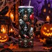 Black horror inspired tumbler cup with spooky character collage, skull accents, red roses, and gothic Halloween artwork