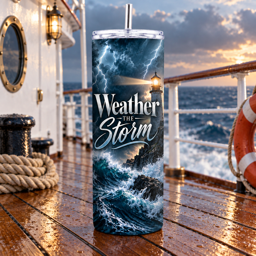 Inspirational lighthouse skinny tumbler with Weather the Storm quote, dramatic blue ocean artwork, clear lid and straw