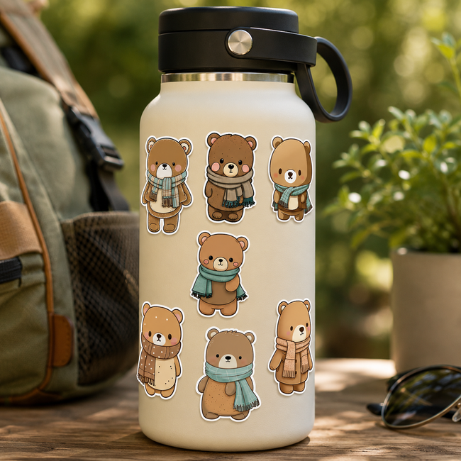 White water bottle with bear illustrations wearing scarves on a wooden surface with a blurred natural background.