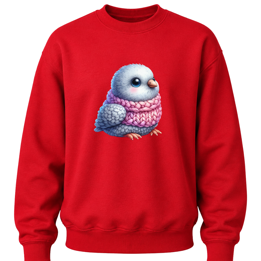 Bright red youth crewneck sweater with cute animal bird illustration centered on the chest.