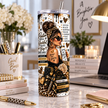 Leopard print positive mindset tumbler with a fashionable woman, gold accessories and motivational quotes displayed on an elegant home office desk.