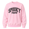 Light pink Spooky Season crewneck sweatshirt featuring black collegiate Halloween lettering for women and fall outfits
