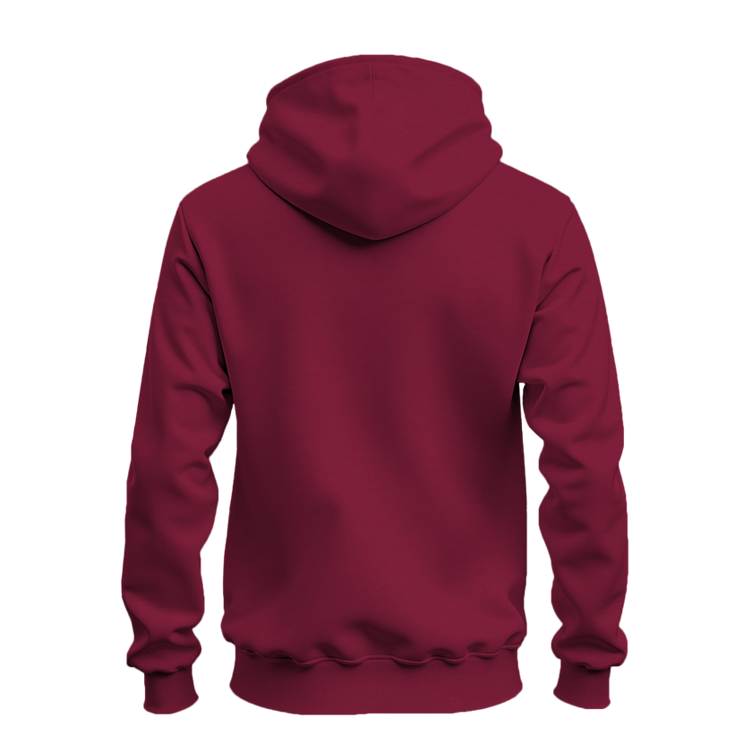 A dark red pullover hoodie shown from the back, displayed on a clean white background.