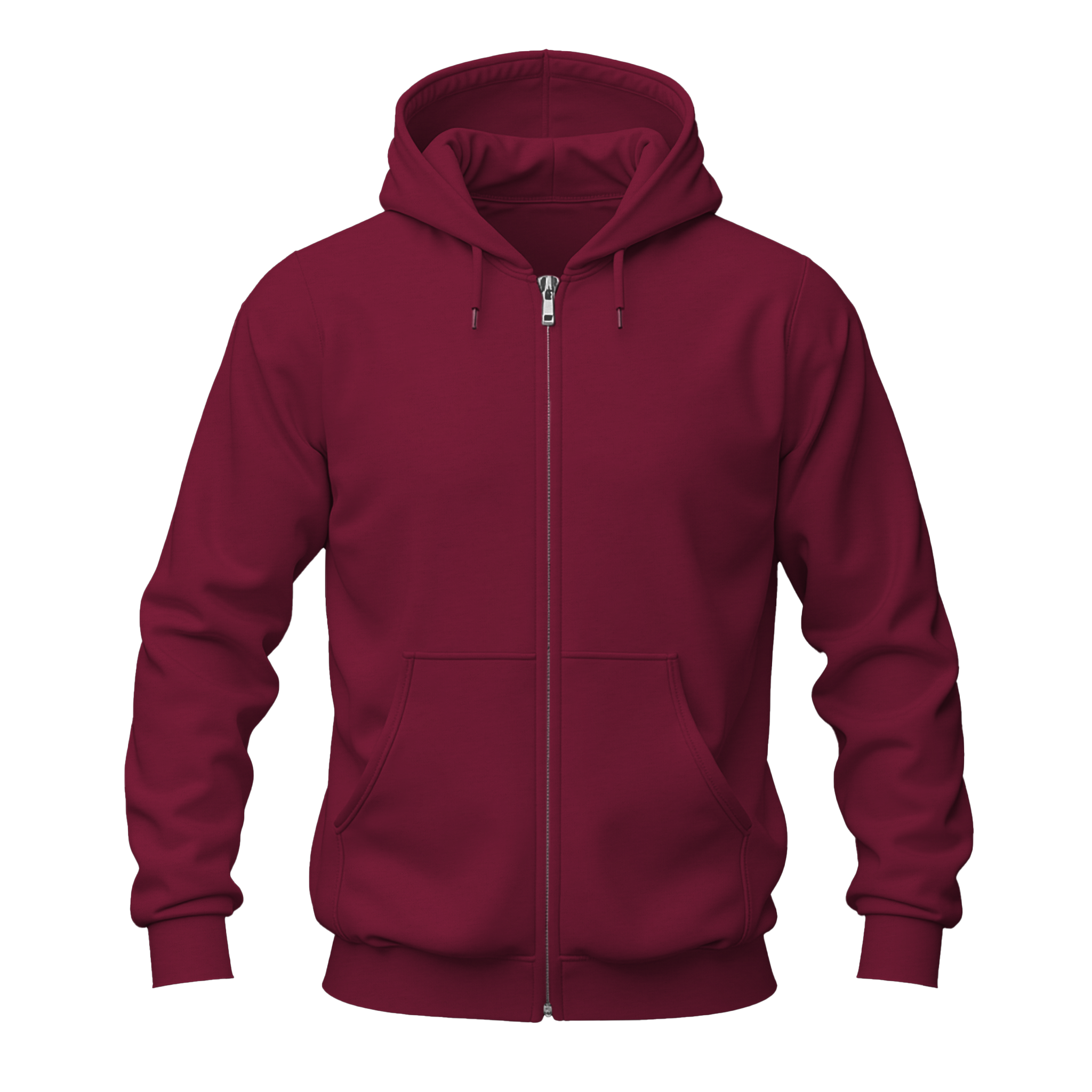 A maroon zip-up hoodie with a full-length front zipper, drawstring hood, and kangaroo pockets, shown on a plain white background.