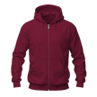 A maroon zip-up hoodie with a full-length front zipper, drawstring hood, and kangaroo pockets, shown on a plain white background.