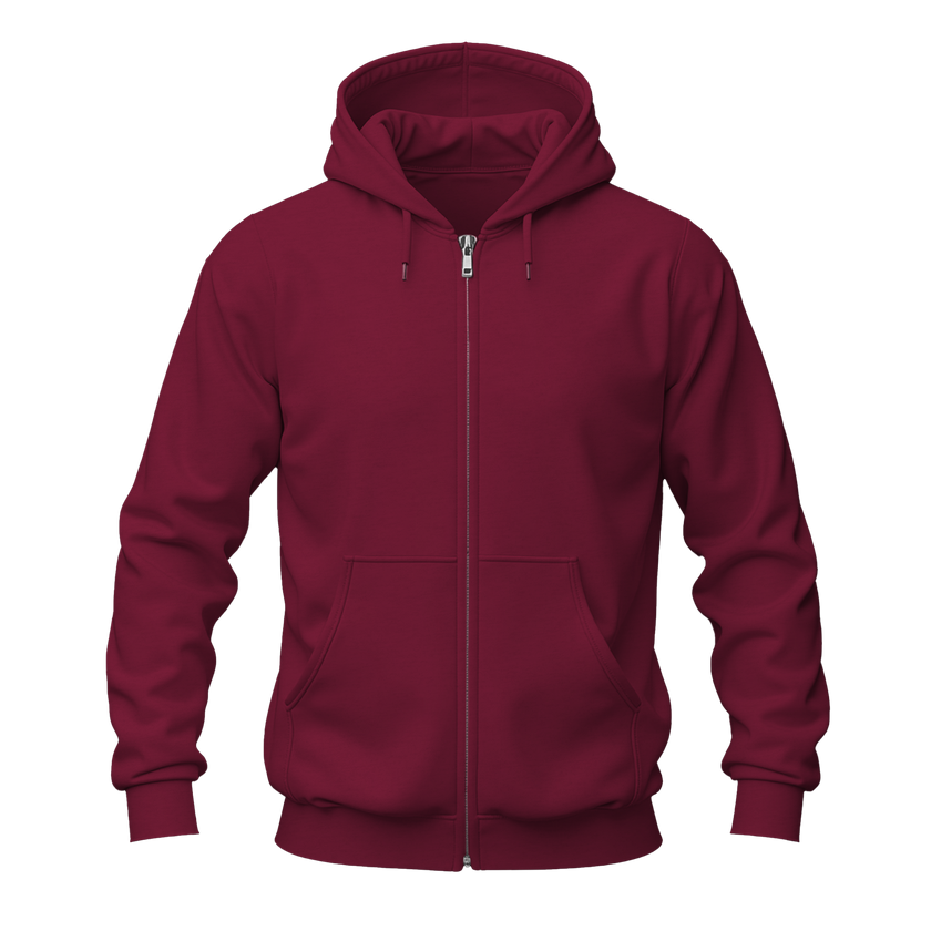 A maroon zip-up hoodie with a full-length front zipper, drawstring hood, and kangaroo pockets, shown on a plain white background.